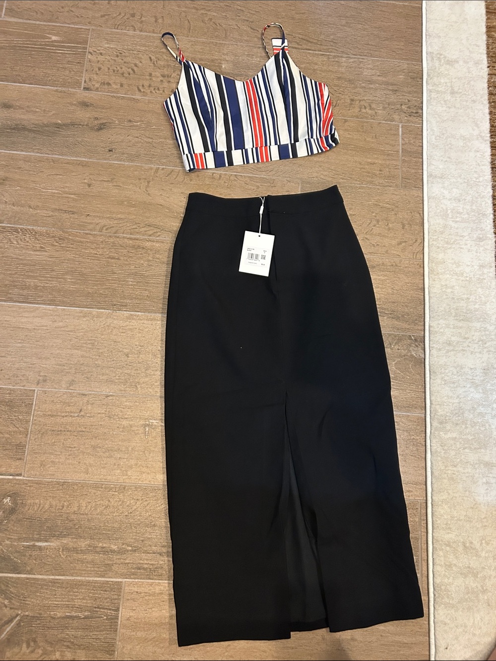 Endless Rose front slit linen midi skirt with striped tie back crop tank